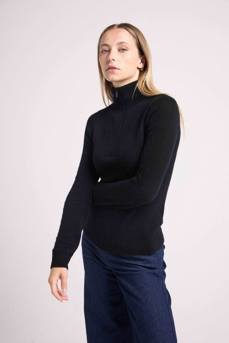 Pull Col Camioneur Zip Emilie - Noir - 100% Cachemire Oeko-Tex - Femme