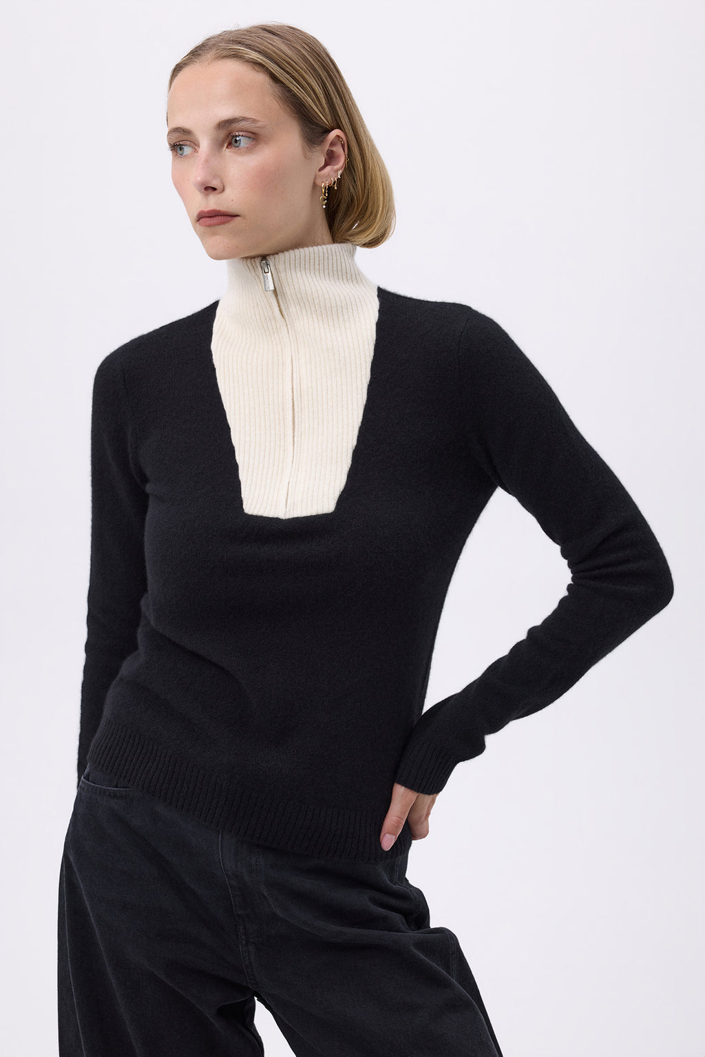 Pull Col Camioneur Zip F Emilie - Noir Blanc - Femme