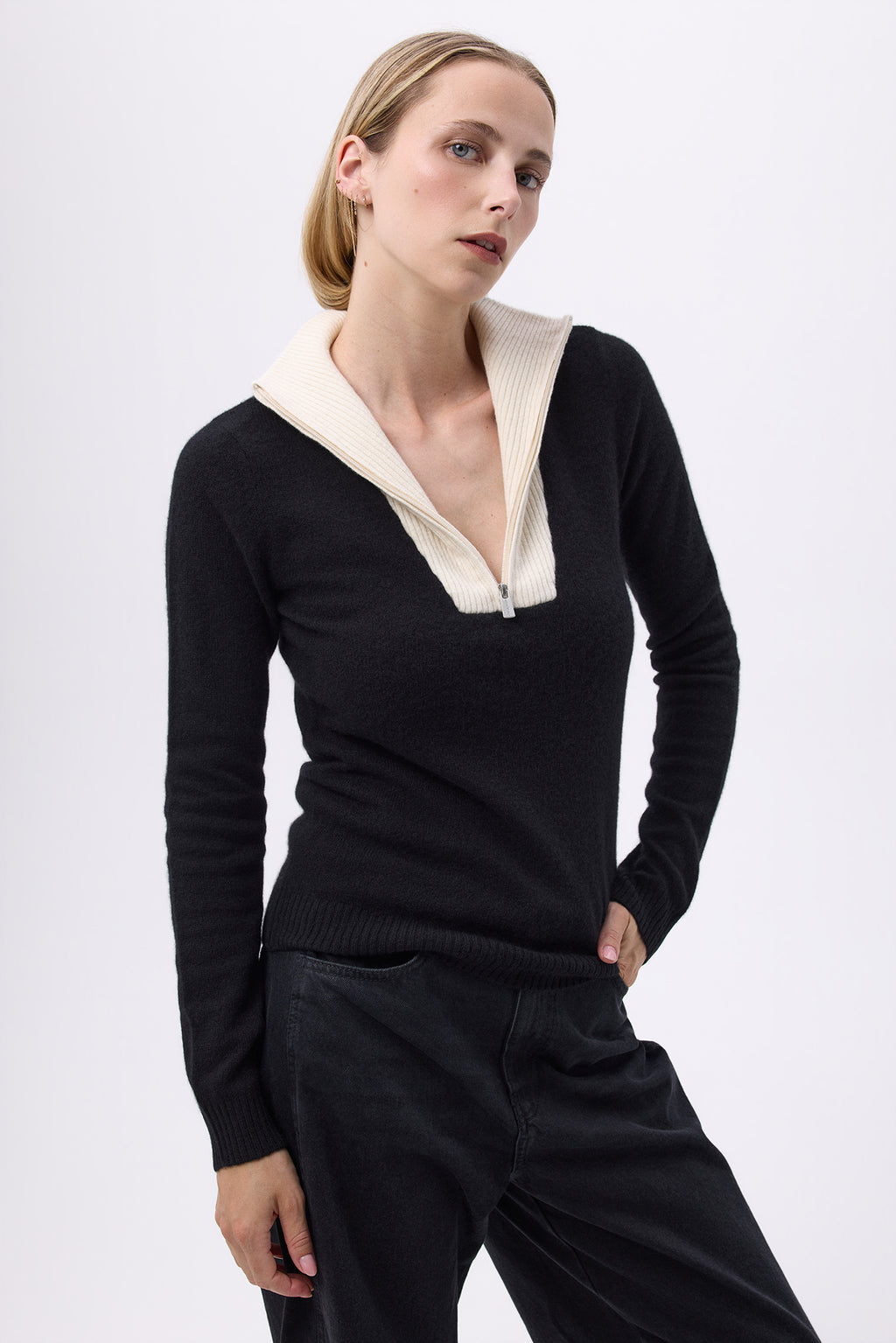 Pull Col Camioneur Zip F Emilie - Noir Blanc - Femme