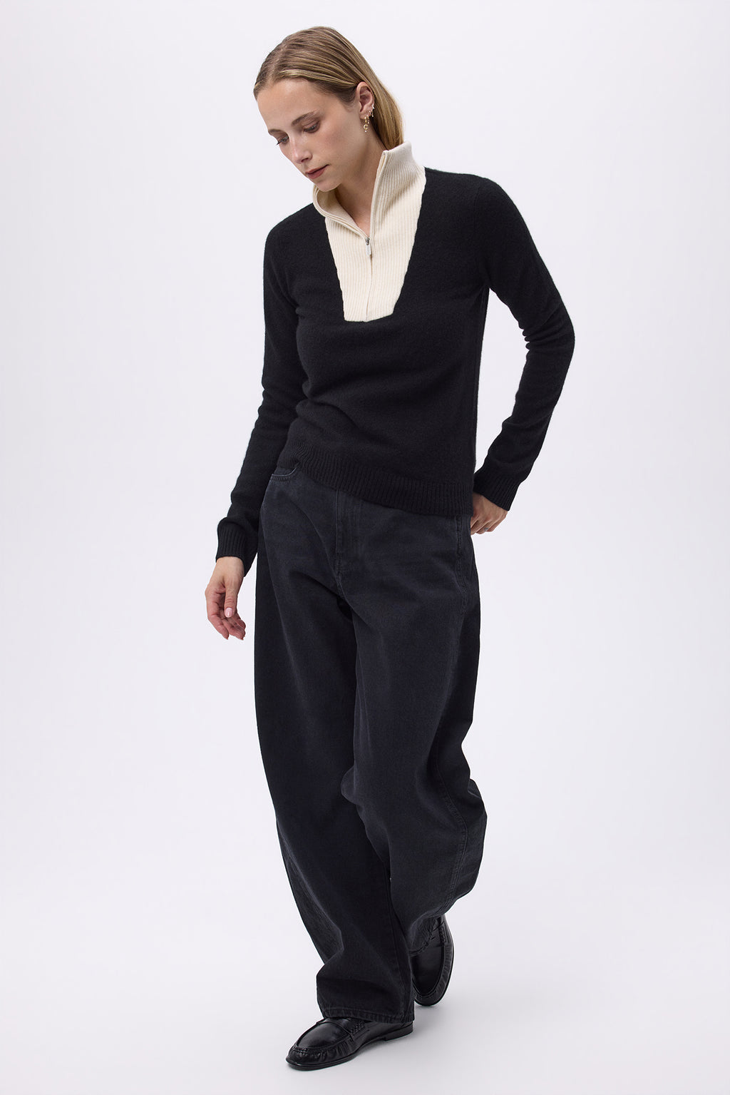 Pull Col Camioneur Zip F Emilie - Noir Blanc - Femme