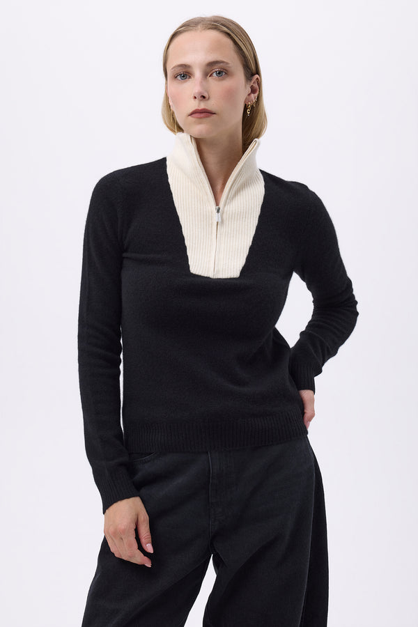Pull Col Camioneur Zip F Emilie - Noir Blanc - Femme