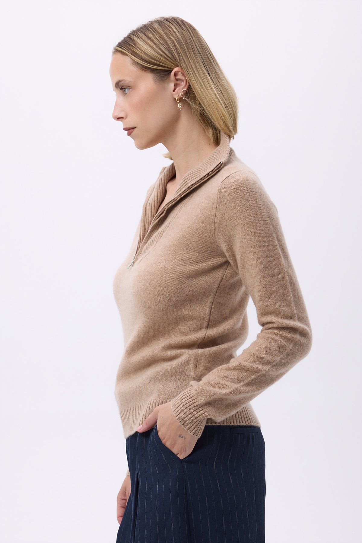 Emilie Striktrøje Med Halv Lynlås - Cremebeige - Kvinder