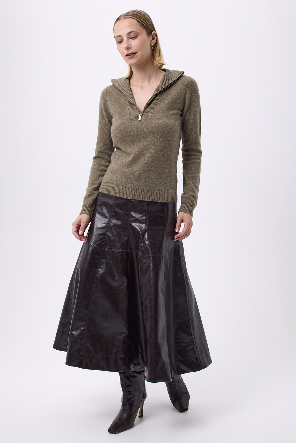 Pull Col Camioneur Zip F Emilie - Vert Khaki - Femme