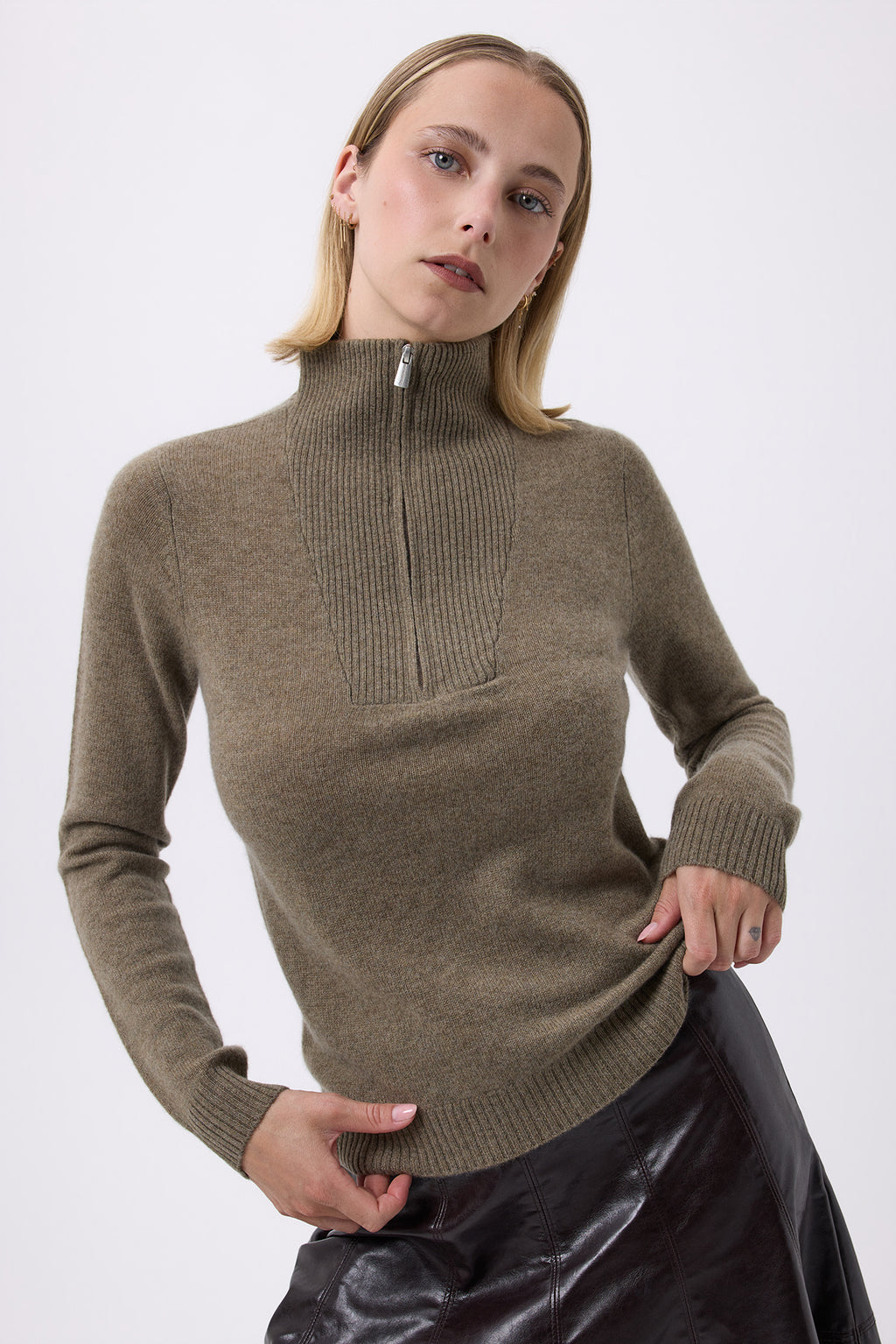 Pull Col Camioneur Zip F Emilie - Vert Khaki - Femme