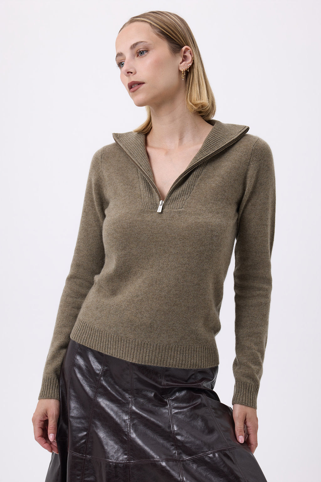 Pull Col Camioneur Zip F Emilie - Vert Khaki - Femme