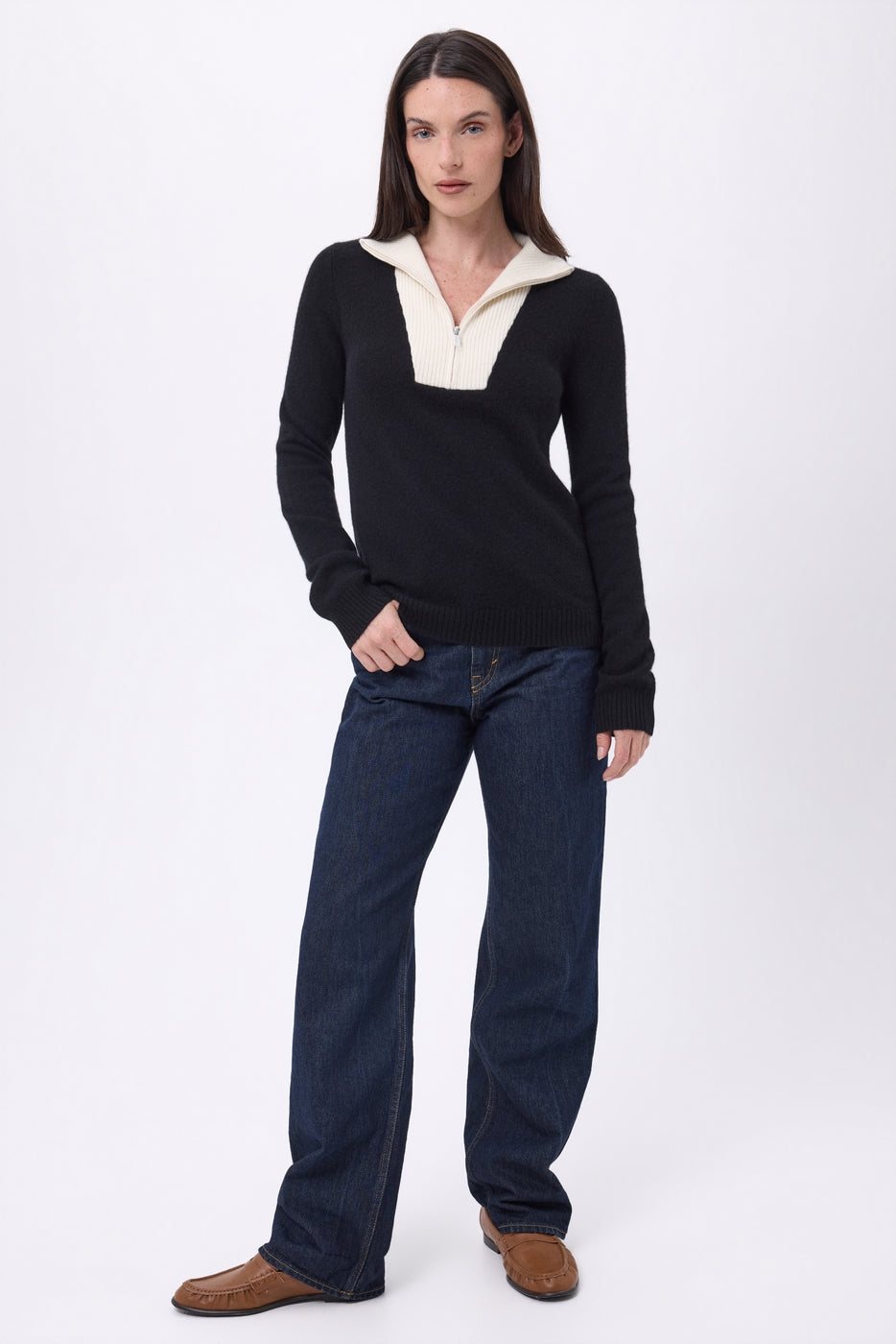 Pull Col Camioneur Zip Emy - Noir Blanc - Femme