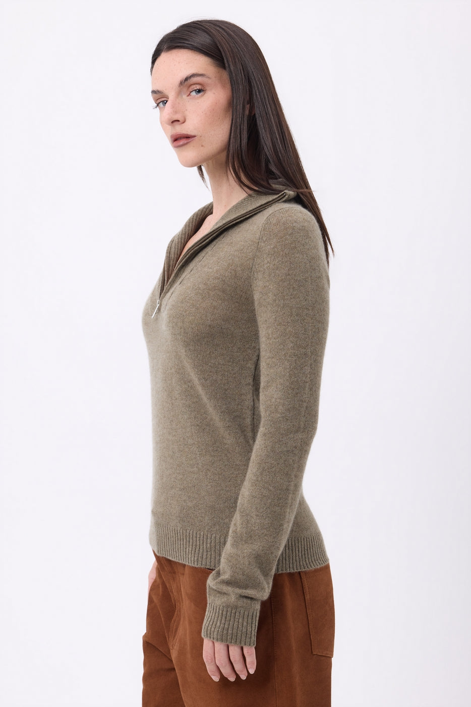 Emy Half-Zip Jumper - Mottled Khaki - Women