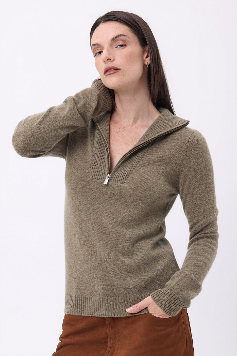 Emy Half-Zip Jumper - Mottled Khaki - Women