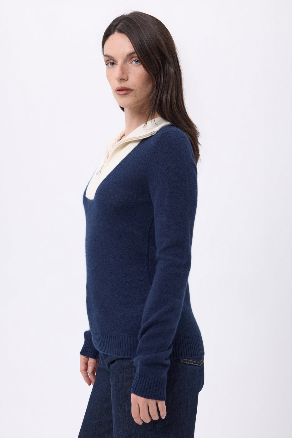 Emy Half-Zip Jumper - Navy Blue White - Women