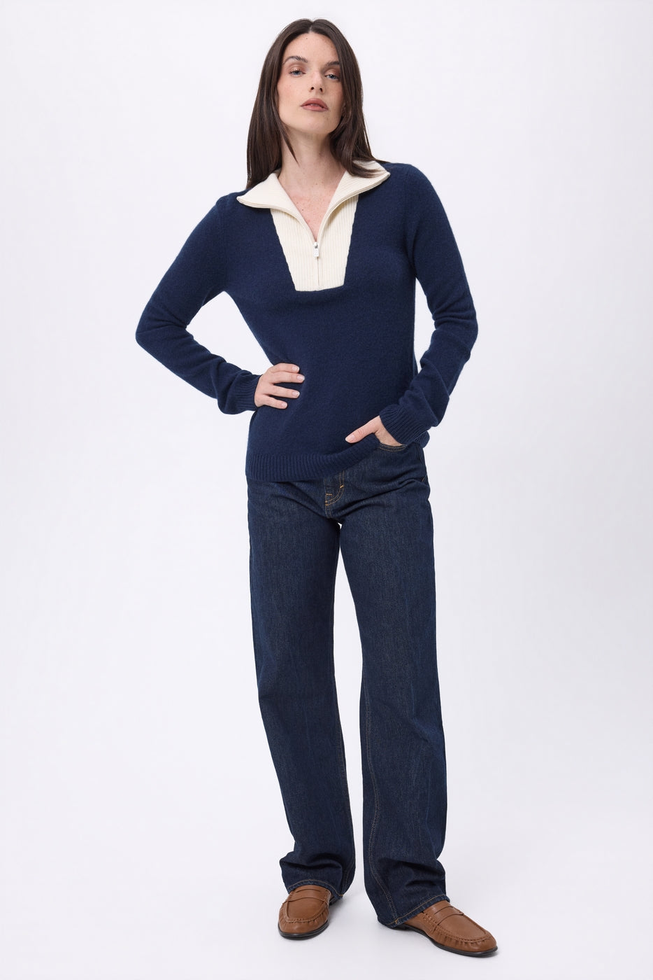 Emy Half-Zip Jumper - Navy Blue White - Women