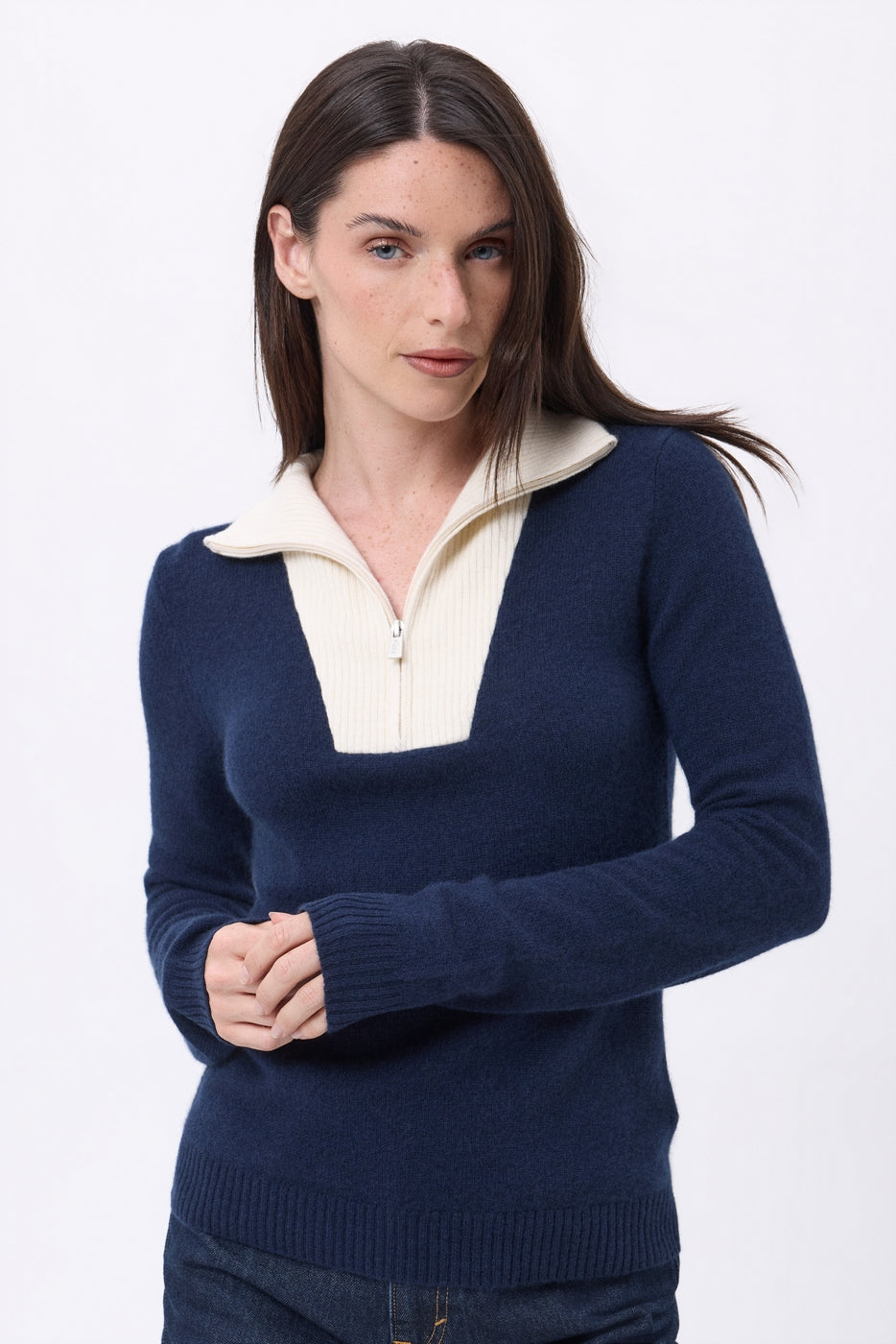 Emy Half-Zip Jumper - Navy Blue White - Women