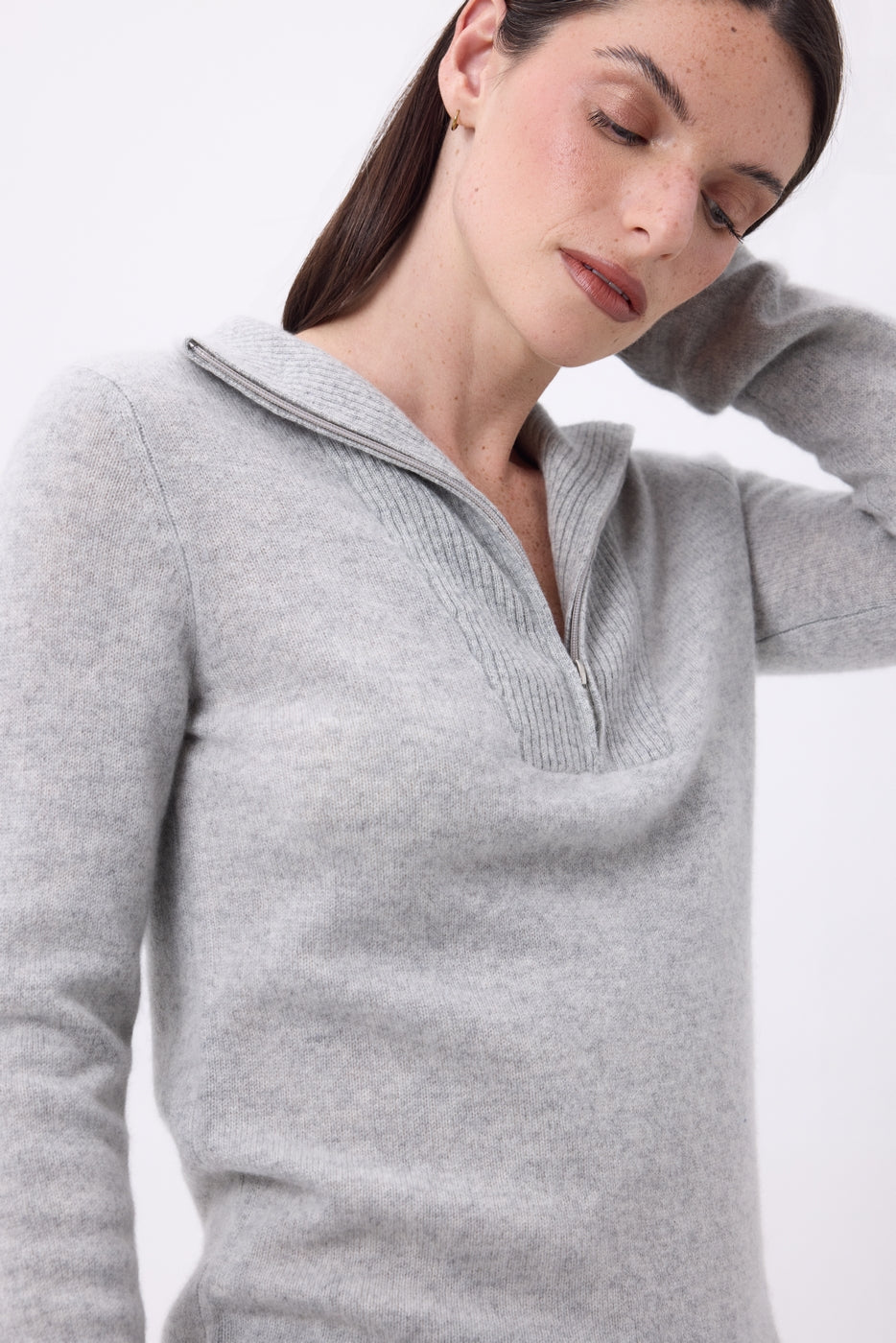 Emy Half-Zip High Neck Jumper - Light Grey - Women