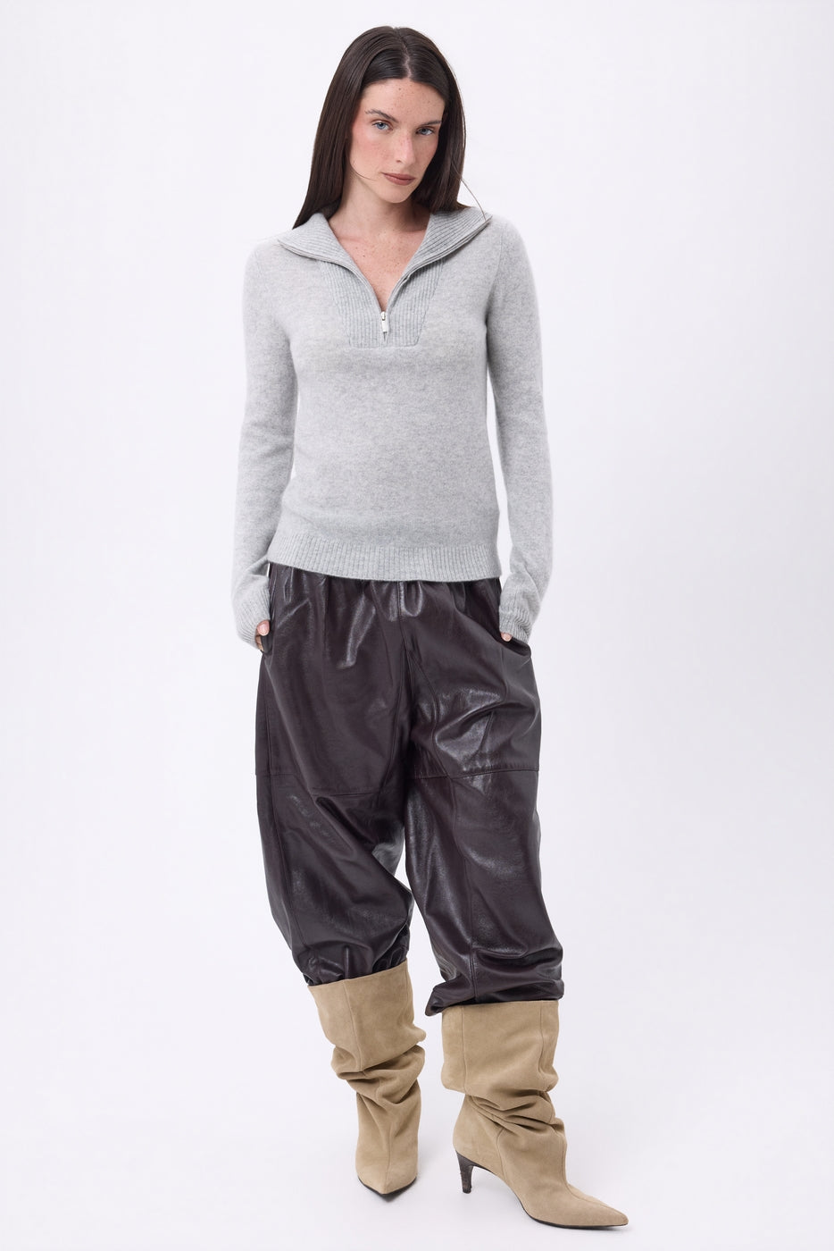 Emy Half-Zip High Neck Jumper - Light Grey - Women