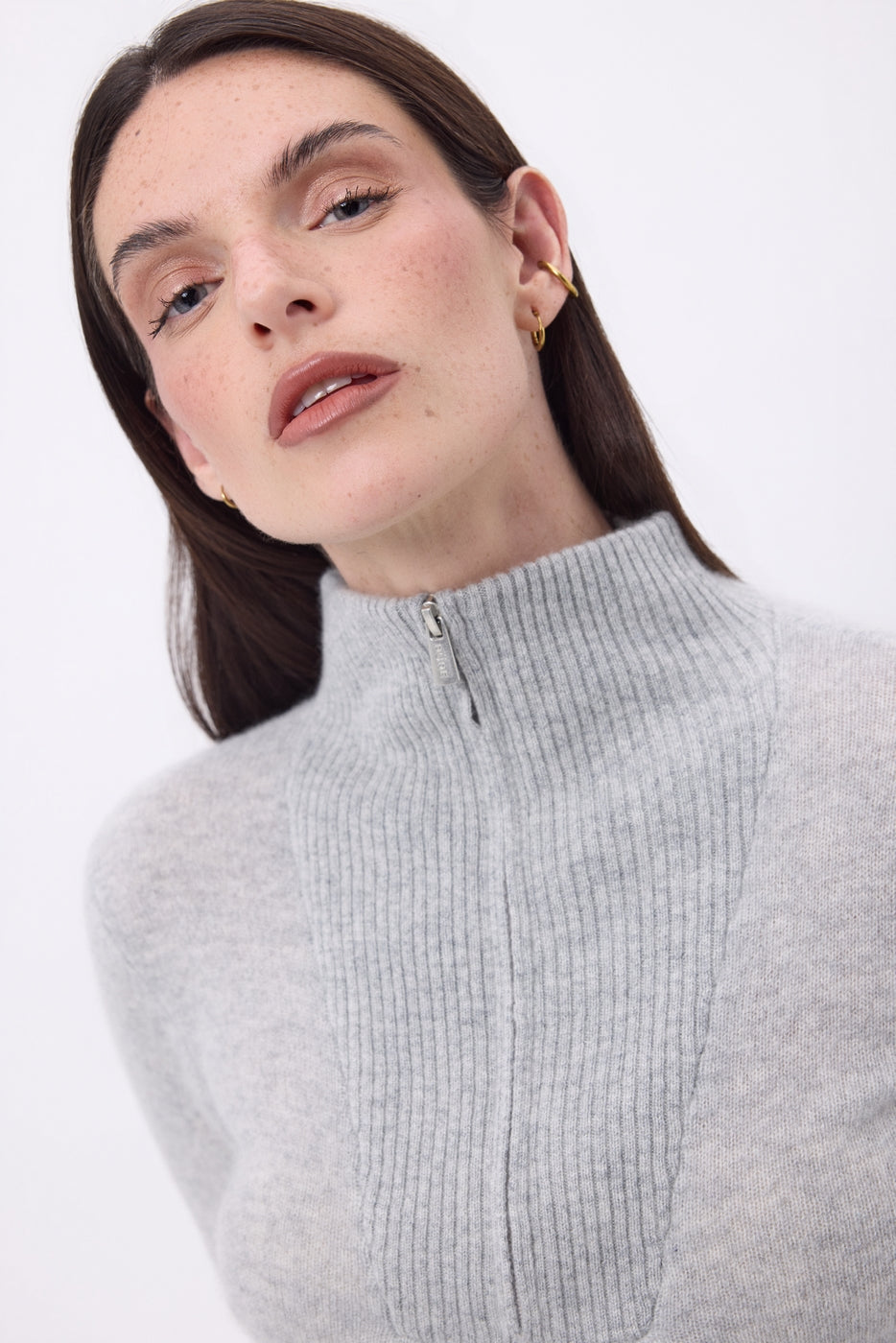 Emy Half-Zip High Neck Jumper - Light Grey - Women