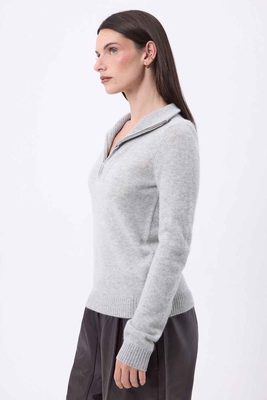 Emy Half-Zip High Neck Jumper - Light Grey - Women