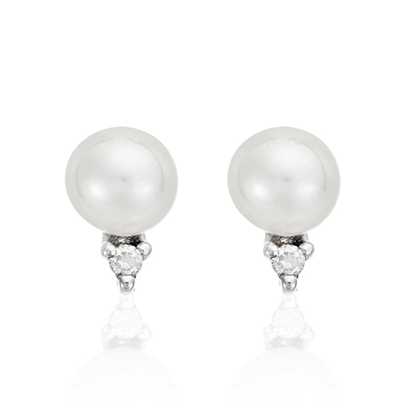 Boucles D'Oreilles "Perles Trio Brillant" Perles Blanches Et Diamants: 0,02Ct/2