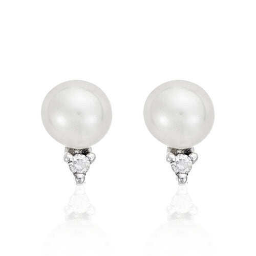 Boucles D'Oreilles "Perles Trio Brillant" Perles Blanches Et Diamants: 0,02Ct/2 - Or Blanc 375/1000