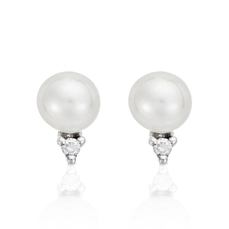Boucles D'Oreilles "Perles Trio Brillant" Perles Blanches Et Diamants: 0,02Ct/2 - Or Blanc 375/1000