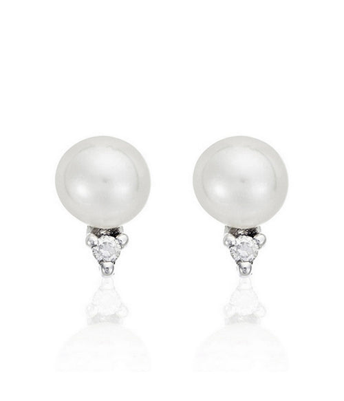 Boucles D'Oreilles "Perles Trio Brillant" - Perles Blanches Et Diamants: 0,02Ct/2 - Or Blanc