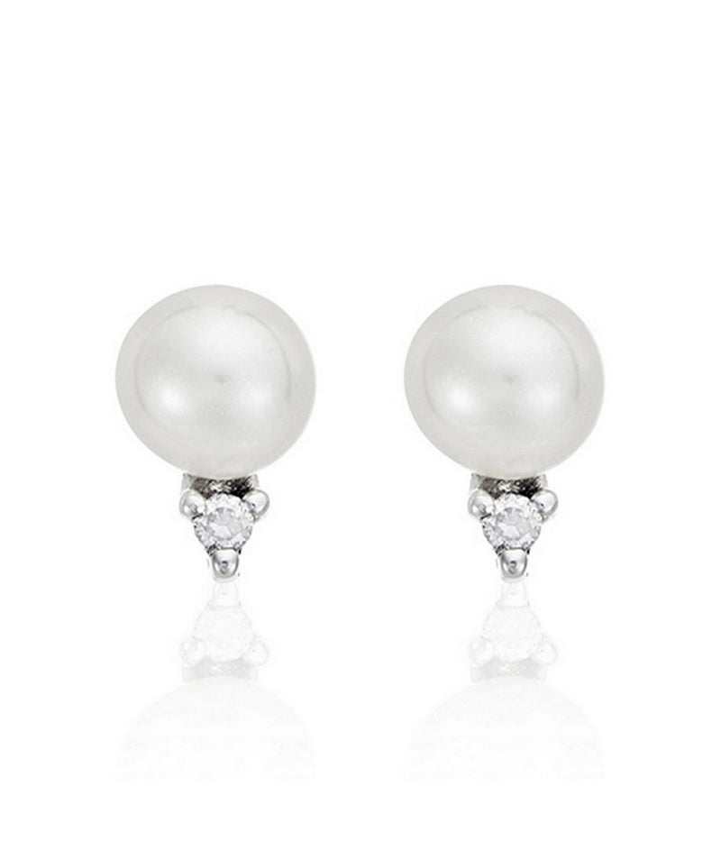 Boucles D'Oreilles "Perles Trio Brillant" - Perles Blanches Et Diamants: 0,02Ct/2 - Or Blanc