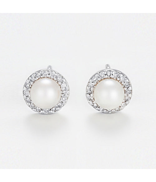 Boucles D' Oreilles "Perles Enchantées" - Diamants 0,14/32 Perles Blanches 4Mm - Or Blanc