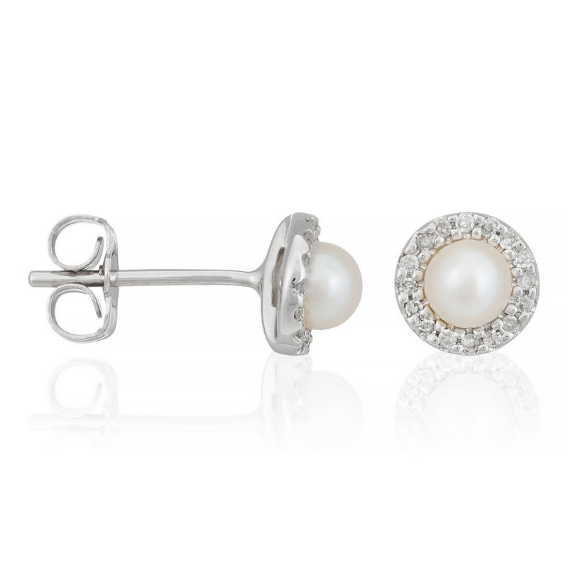 Boucles D' Oreilles "Perles Enchantées" Diamants 0,14/32 Perles Blanches 4Mm - Or Blanc 375/1000