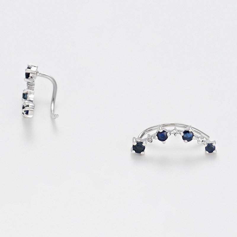 Boucles D'Oreilles Grimpantes "Océan" Diamant 0,018/6, Saphir 0,49Ct/8 - Or Blanc 375/1000