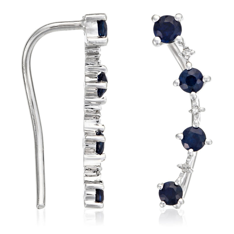 Boucles D'Oreilles Grimpantes "Océan" Diamant 0,018/6, Saphir 0,49Ct/8 - Or Blanc 375/1000