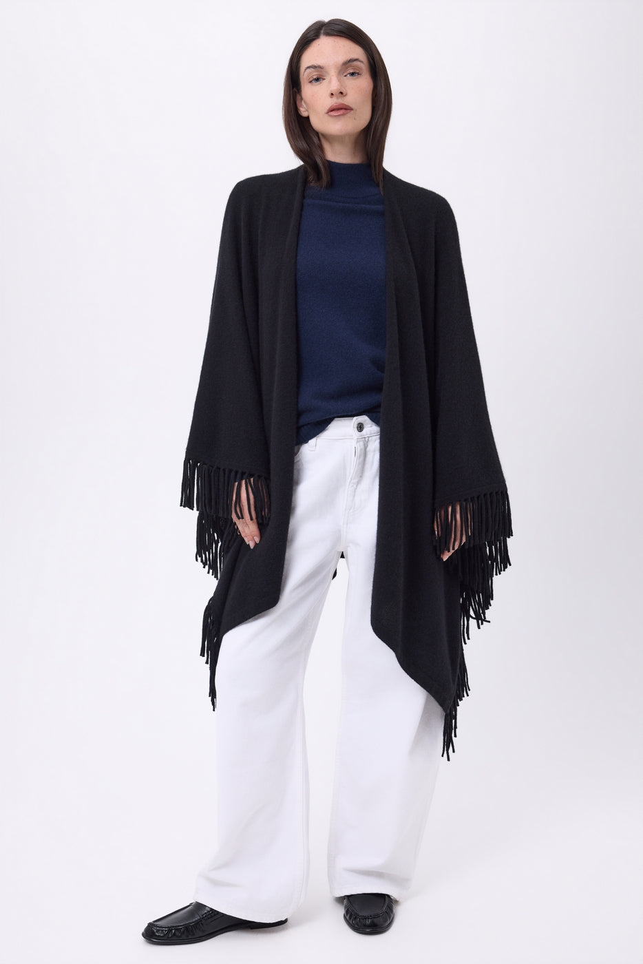 Equinoxe Fringed Poncho - Black - Women