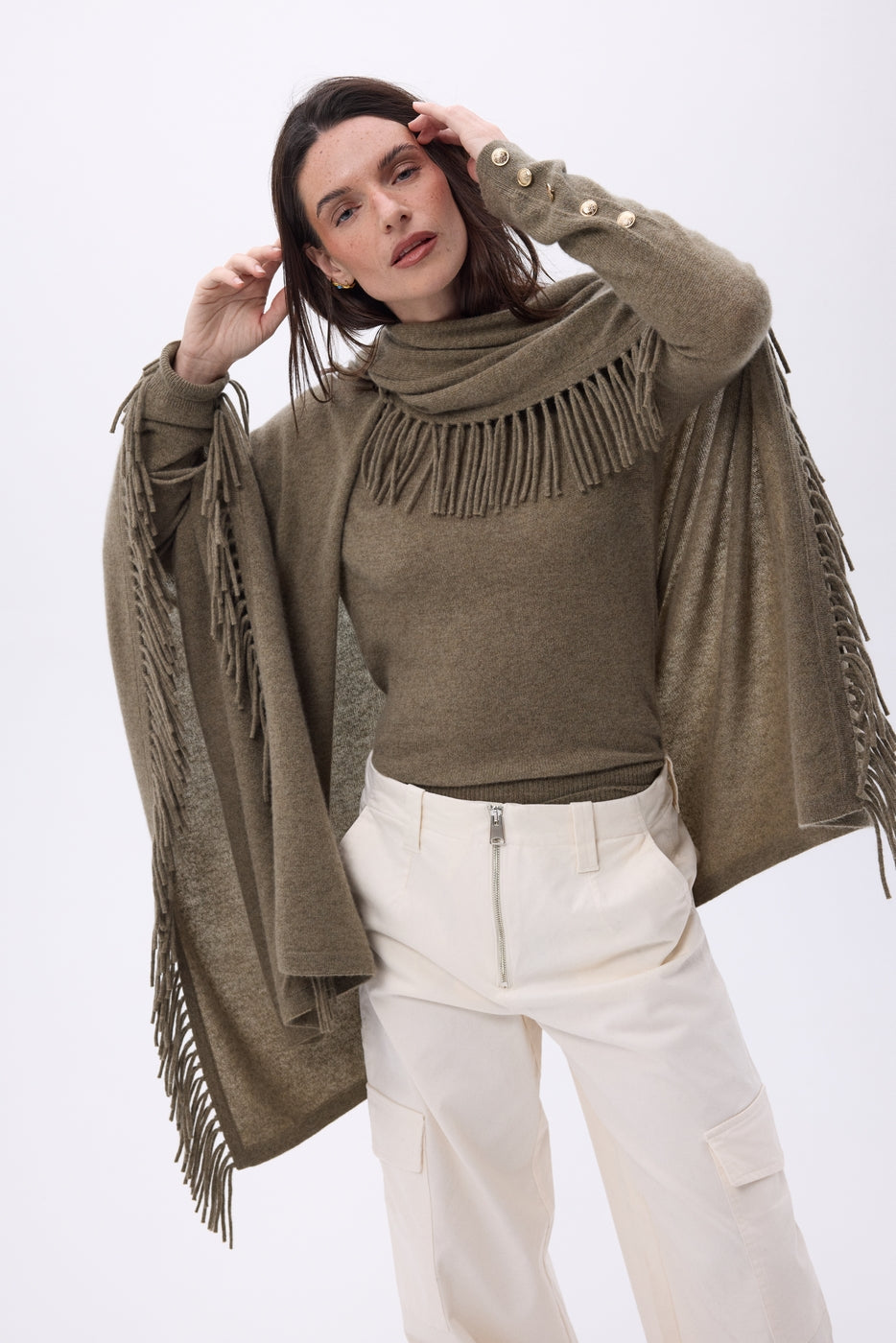 Equinoxe Fringed Poncho - Mottled Khaki - Women