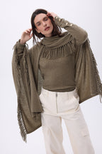 Equinoxe Fringed Poncho - Mottled Khaki - Women