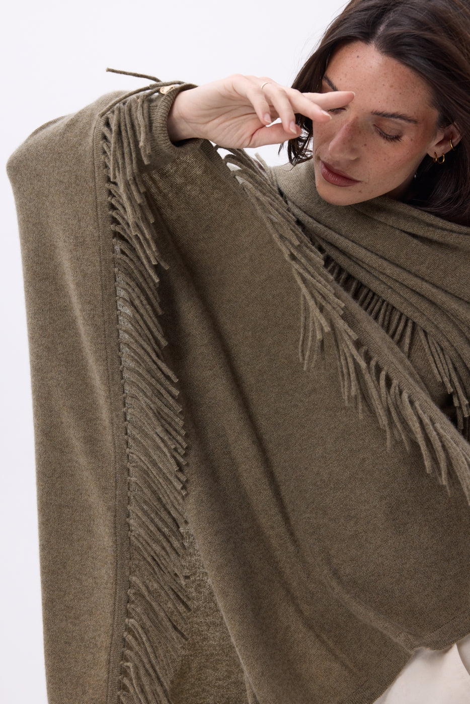 Equinoxe Fringed Poncho - Mottled Khaki - Women