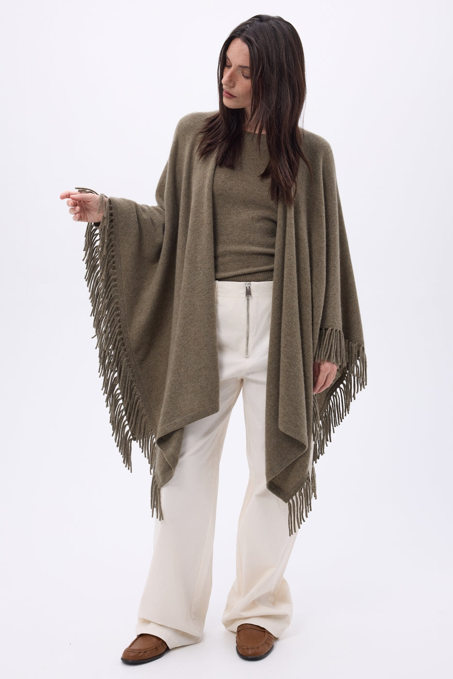Equinoxe Fringed Poncho - Mottled Khaki - Women