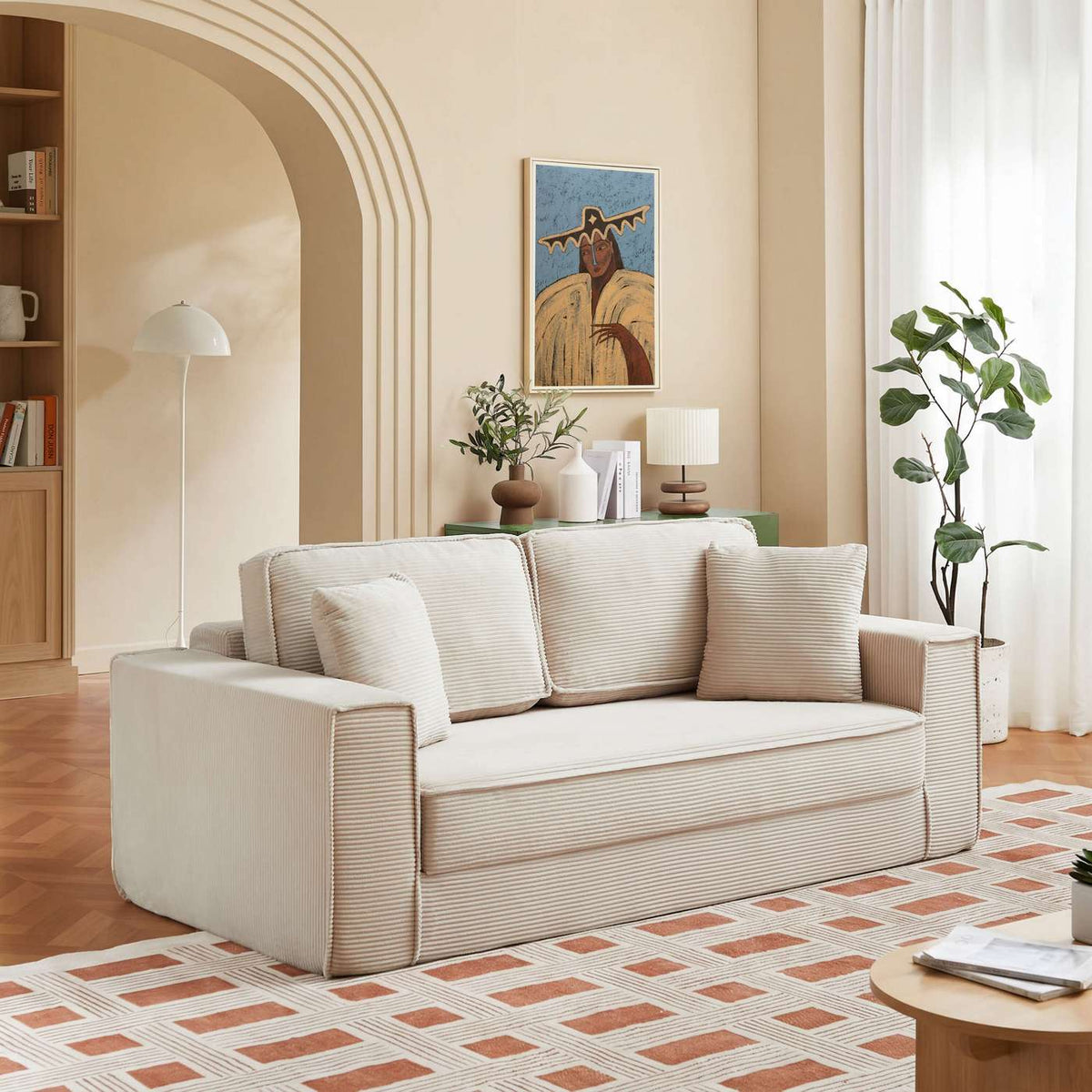 Erebus - Divano lineare compresso e trasformabile Déplimousse a 3 posti - Velluto a coste - Beige