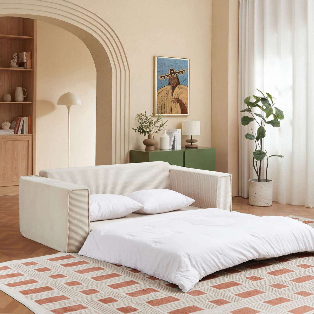 Erebus - Divano lineare compresso e trasformabile Déplimousse a 3 posti - Velluto a coste - Beige