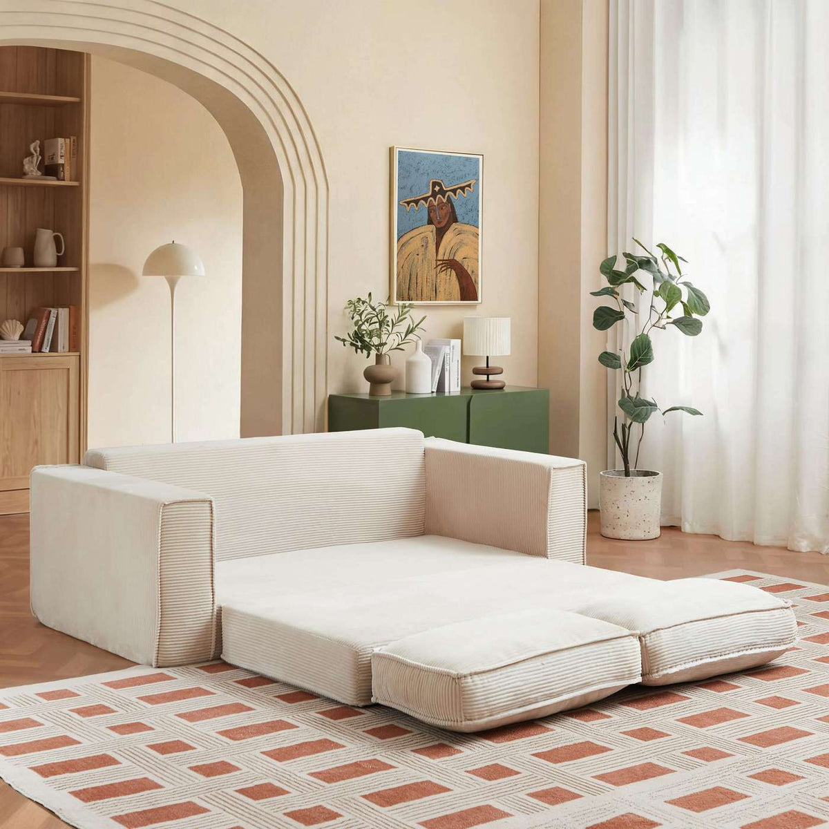 Erebus - Divano lineare compresso e trasformabile Déplimousse a 3 posti - Velluto a coste - Beige