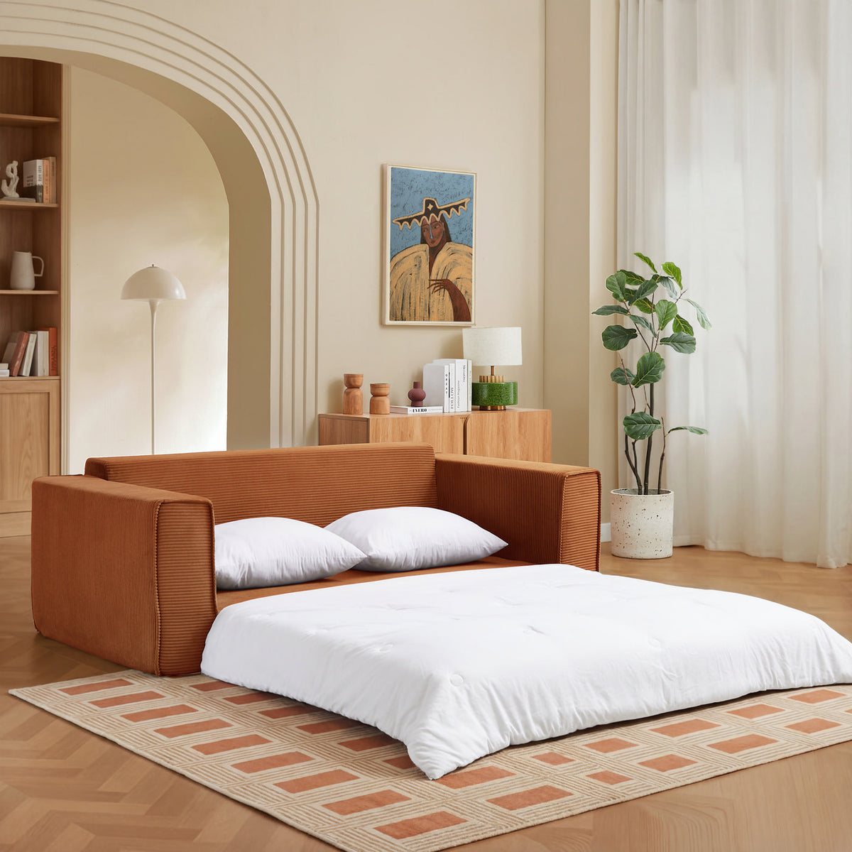 Erebus - Divano lineare compresso e convertibile Déplimousse a 3 posti - Velluto a coste - Terracotta