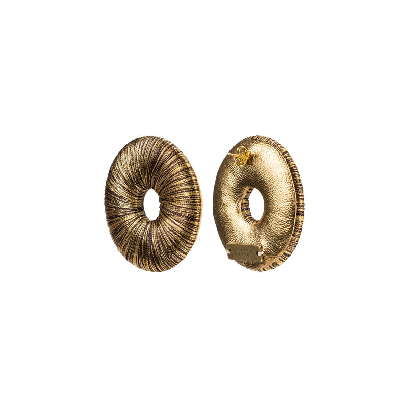 Boho Gold Earring showcasing intricate metallic threads in a refined circular silhouette with subtle shine.