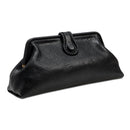 Black leather handbag with a rope closure on a white background