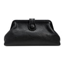 Black leather handbag with a rope closure on a white background