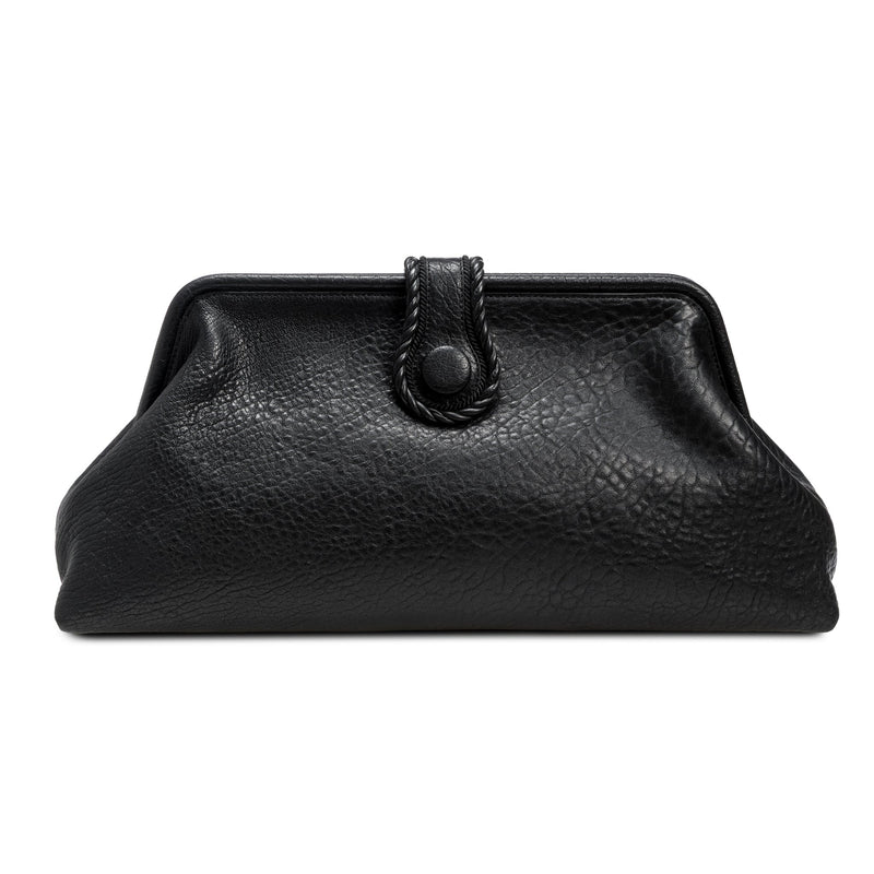 Black leather handbag with a rope closure on a white background