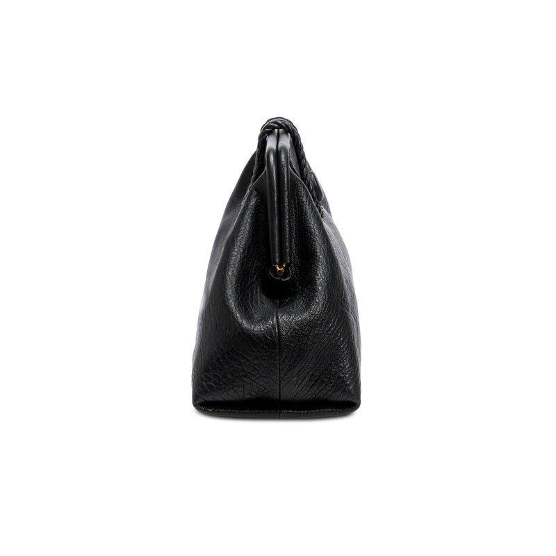 Black leather handbag with a rope closure on a white background