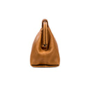 Light brown leather handbag with a rope closure on a white background, shown from the side.