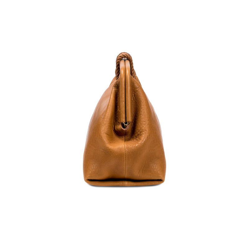 Light brown leather handbag with a rope closure on a white background, shown from the side.