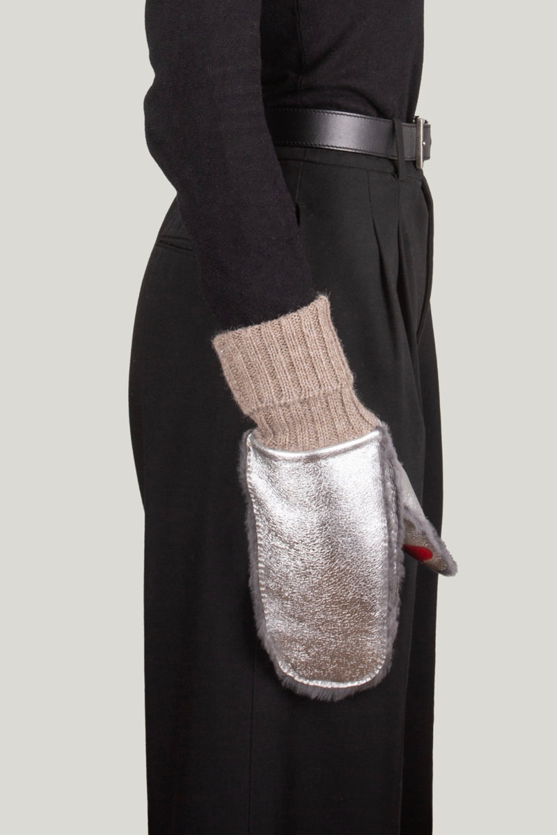 Moufles Erika Cuir Double Face - Silver/Beige - Femme