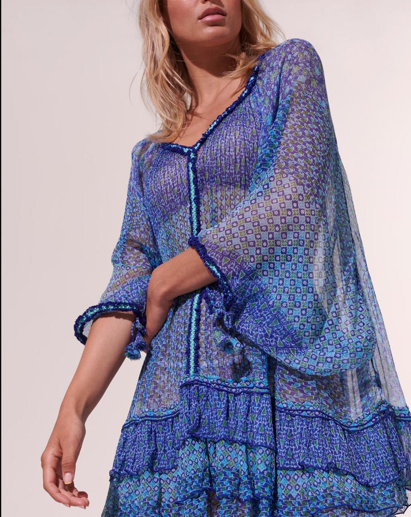 Nava Poncho - Blue Batik Stripe - Women's