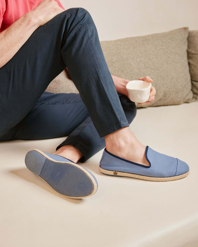 Espadrille homme coton, jean marine close up Angarde