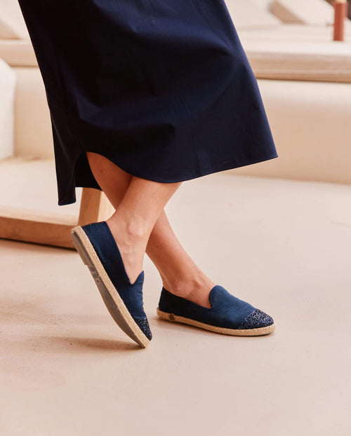 Espadrille femme lin, marine paillettes porté Angarde