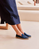 Espadrille femme lin, marine paillettes close up Angarde