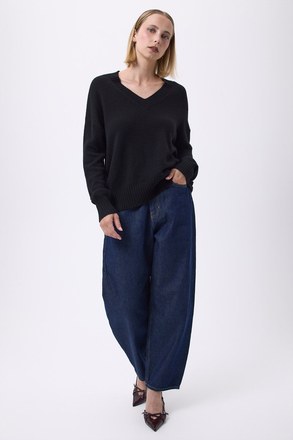 Pull Oversize Col V Gros Rib F Everyday - Noir - Femme